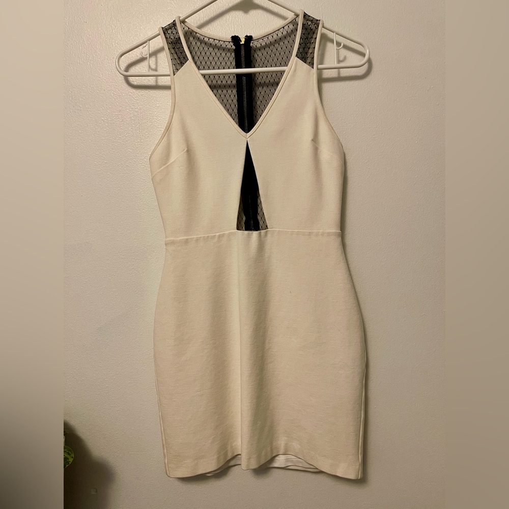 EXPRESS Ivory Mesh Cut-Out Bodycon Mini Dress | Size 0 | neutral white
